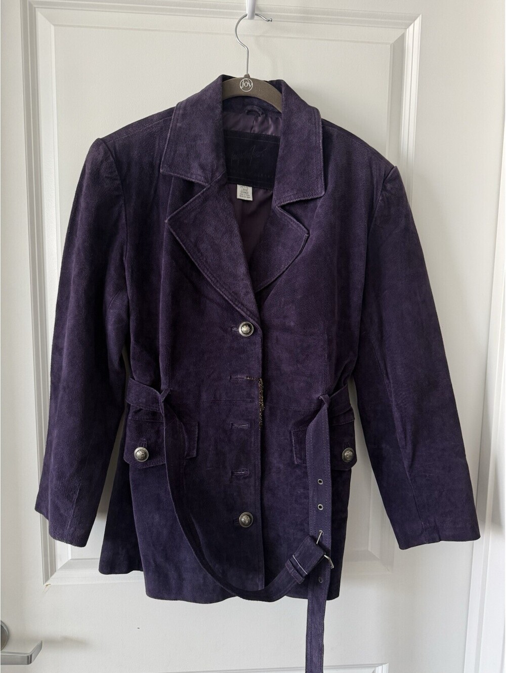 Vtg Jacqueline Ferrar Purple Suede Leather Belted Jacket Coat Petite Large 90s